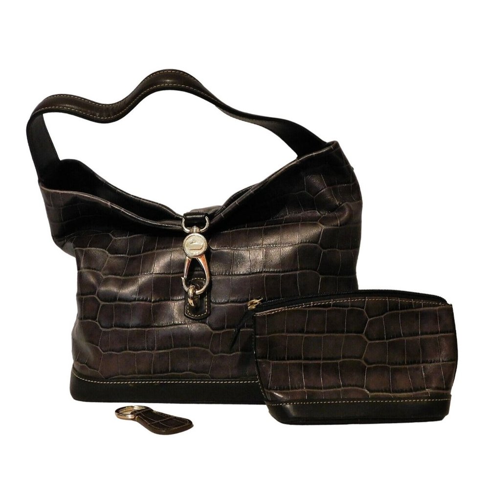 Dooney & Bourke Hobo Purse Key Fob Cosmetics Bag Brown Taupe Moc Croc Leather - Picture 12 of 12